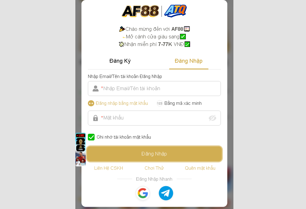 Hướng Dẫn Đăng Nhập AF88 Nhận 100% Nạp Đầu Form đăng nhập AF88 tại trang chủ chính thức AF88