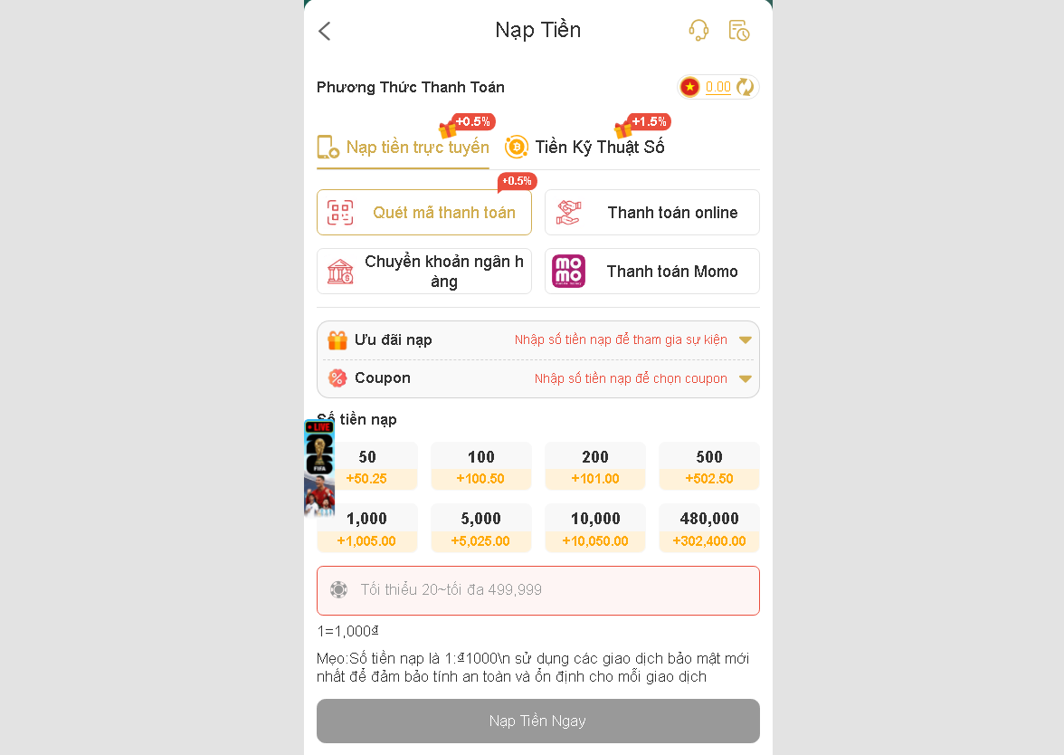 Phương thức nạp tiền AF88 qua Nạp tiền trực tuyến